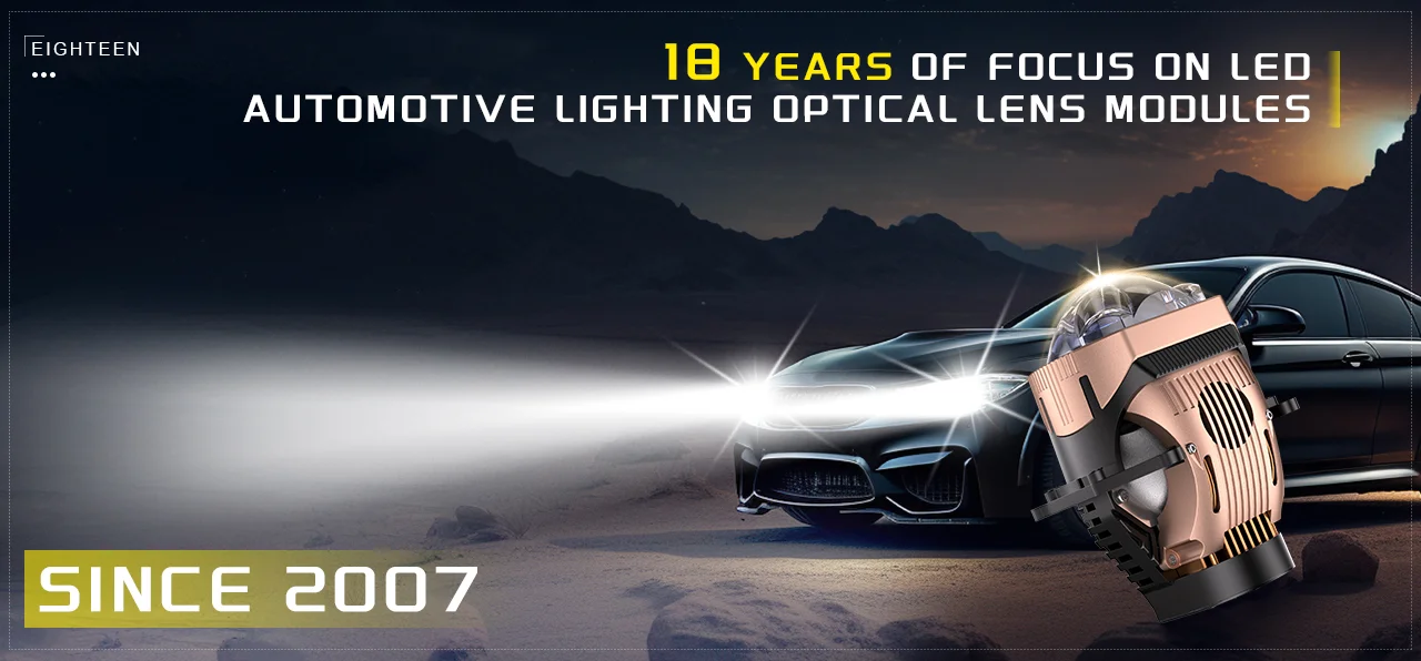 Modern sports car with glowing LED headlights in a dark showroom